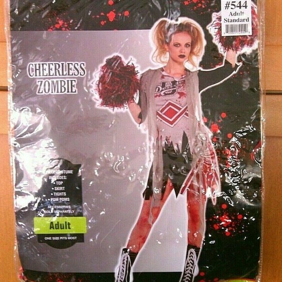 Cheerless Zombie Halloween Outfit Costume Fancy Dress Skirt Top Body Pom Pom - Picture 5 of 16